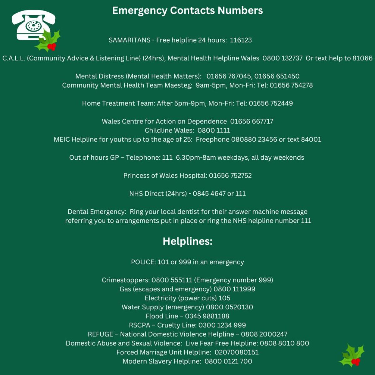 Emergency Contact Numbers over Christmas Huw Irranca-Davies MS