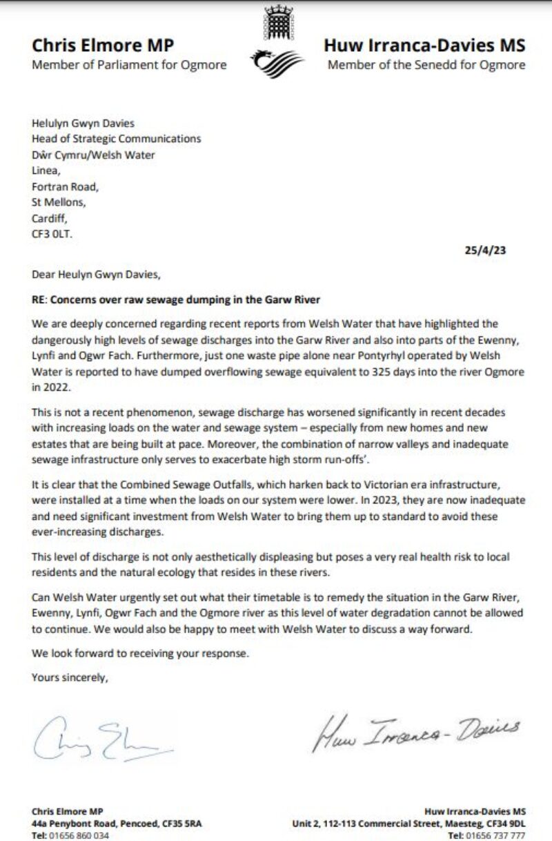Joint letter to Dwr Cymru from Huw Irranca-Davies MS and Chris Elmore MP