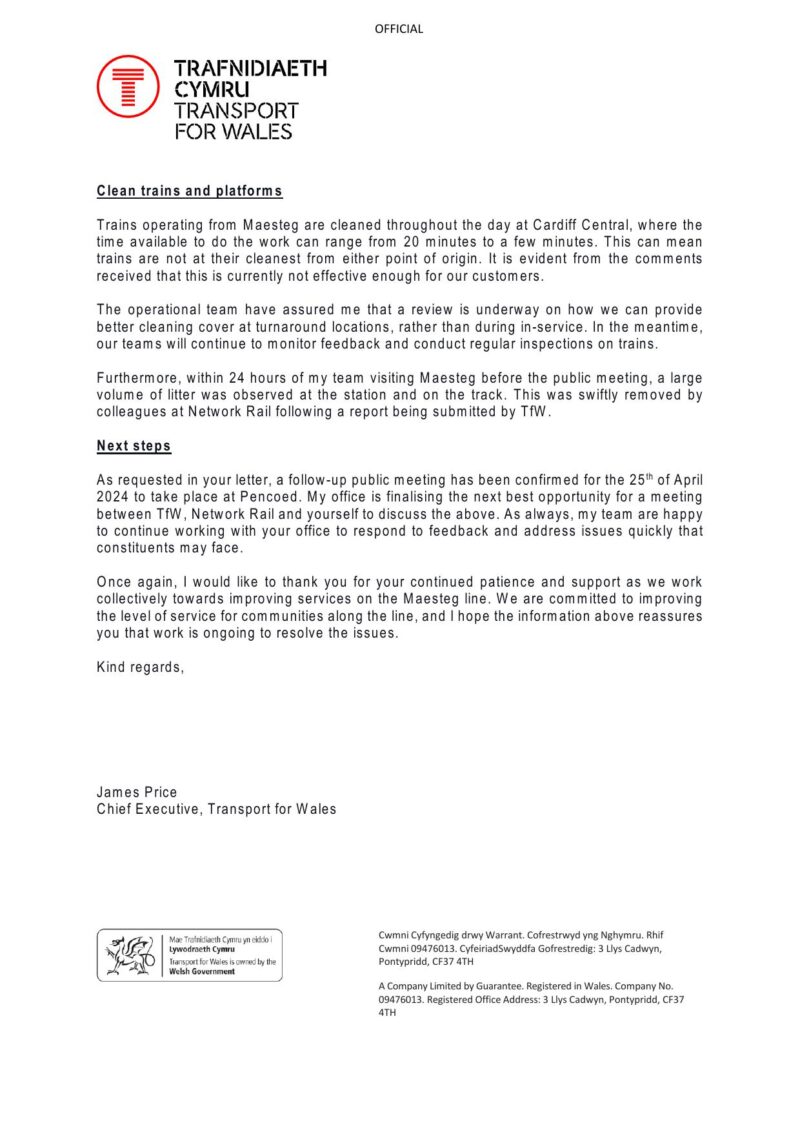 Reply letter from CE Transport for Wales - page 3