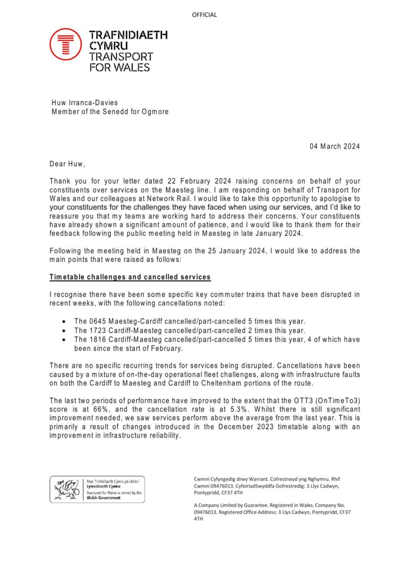 Reply letter from CE Transport for Wales - page 1
