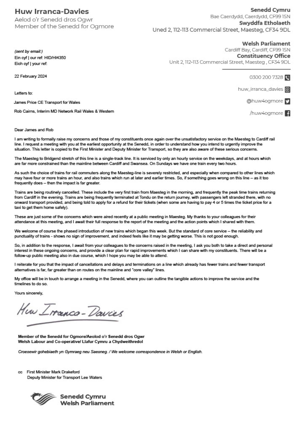Letter from Huw Irranca-Davies MS 